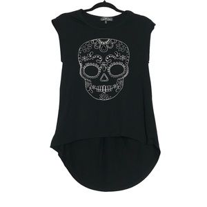 Almost Famous Black Sugar Skull Embroidered Twist Back Tank Top Womens Sz M Goth